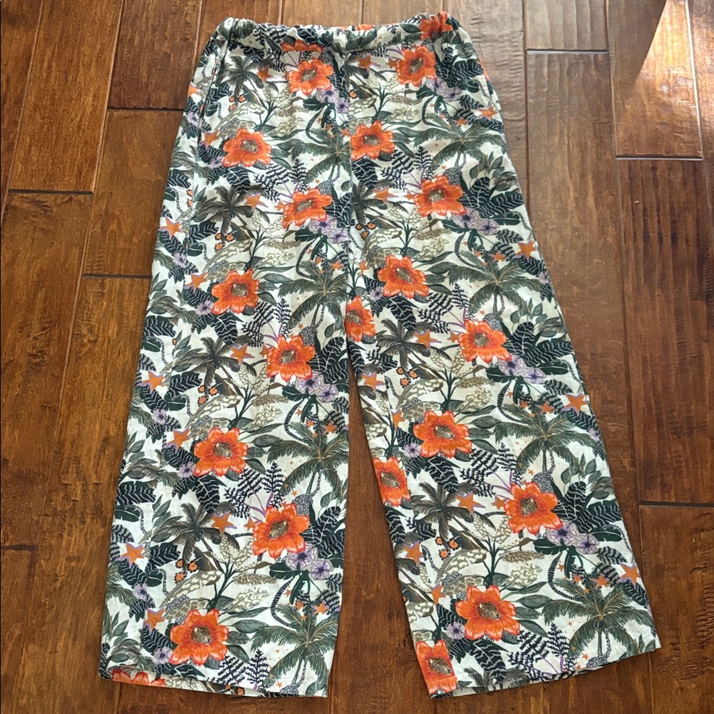 Las Sureñas Linen & Cotton pants Orange and Green tropical print Size Medium
